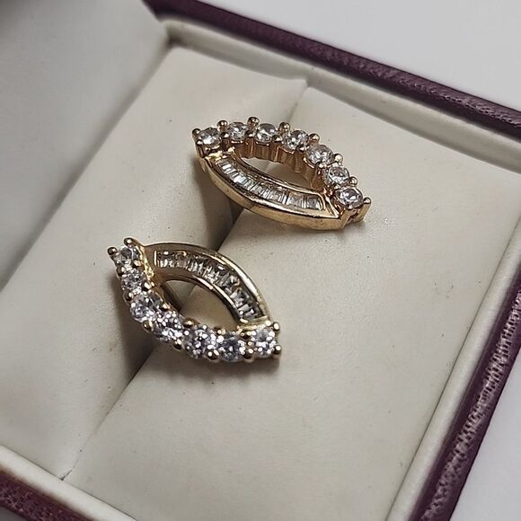 Sterling Silver Earrings With Gold Tone Overlay Cubic Zirconia - Picture 3 of 5